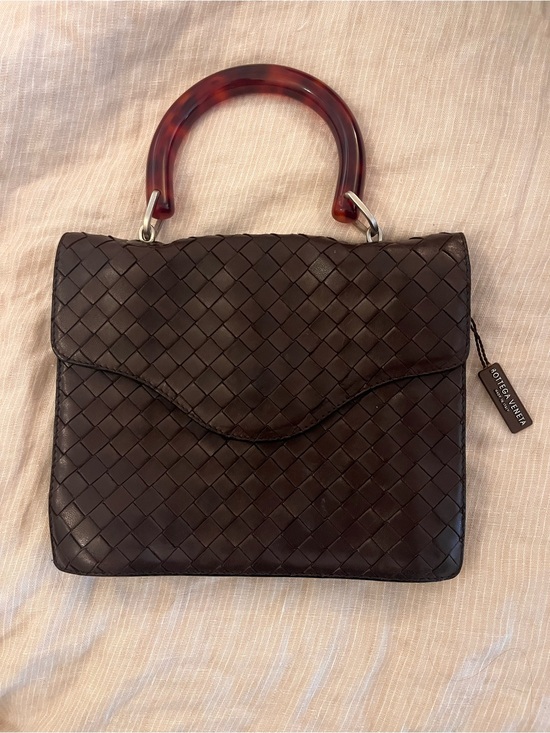 Bottega Veneta Handbags - Bottega Veneta Dark Brown Intrecciato Top Handle Bag with Tortoiseshell Handle